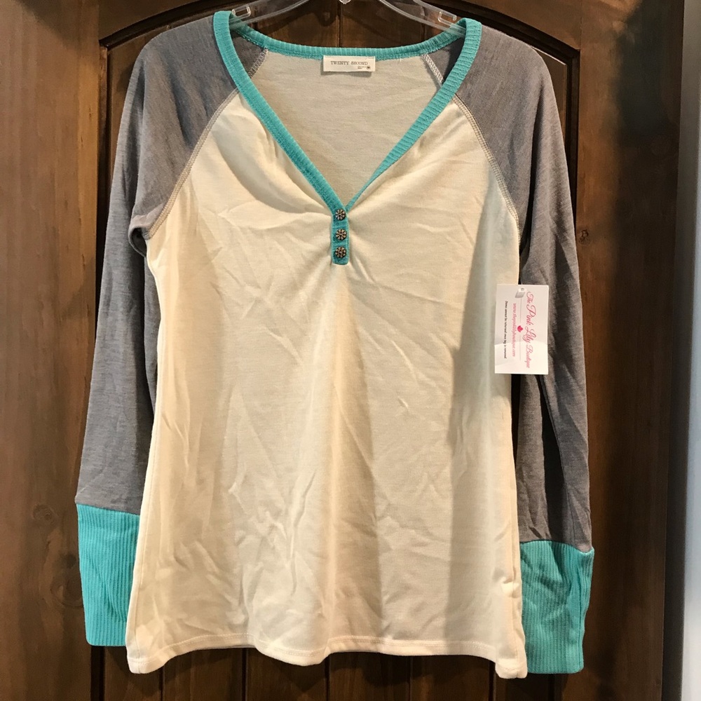 Teal, Gray, and Cream Long Sleeve Top